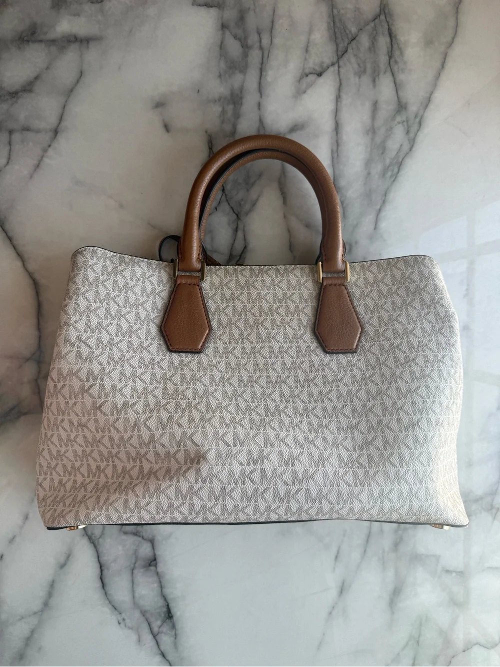 Michael Kors Beige MK Signature Satchel with Brown Trim and Gold Hardware